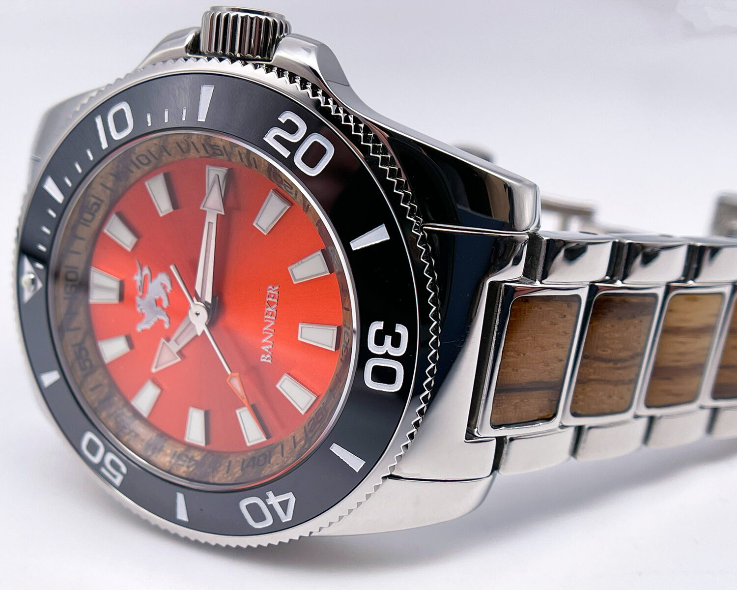 Banneker Nice wood-faced diver watch with an orange dial