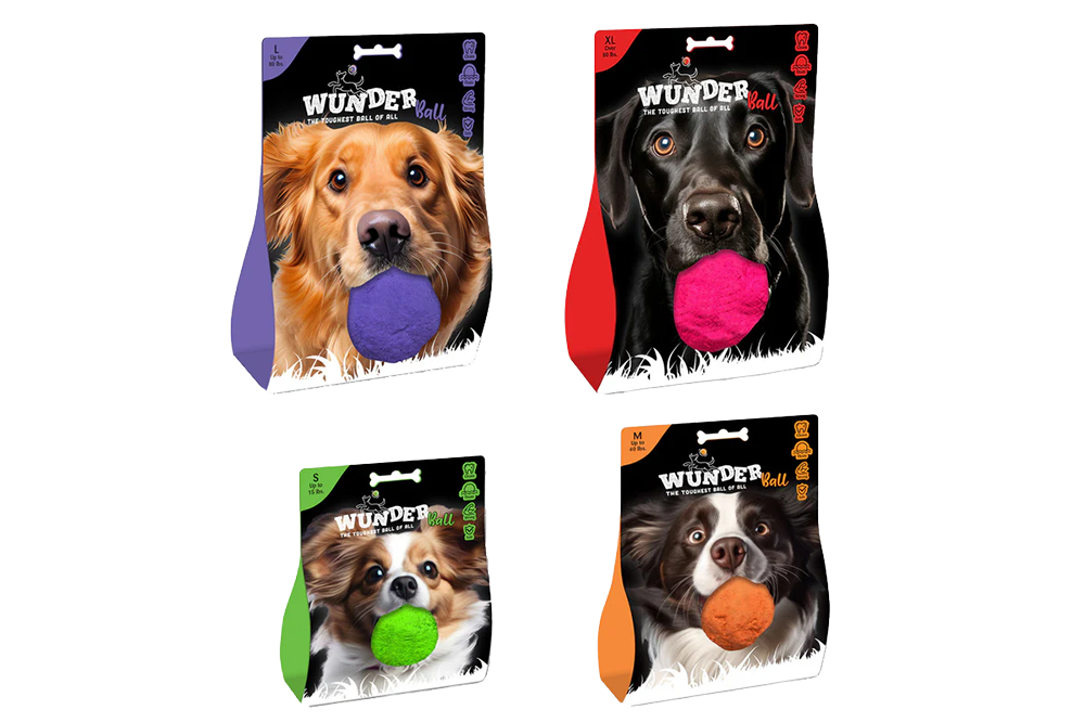 The WUNDERball line in retail packaging (S, M, L, XL) — designed by i3
